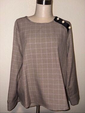 Zara Black/brown/White Check Pearl-Button Blouse